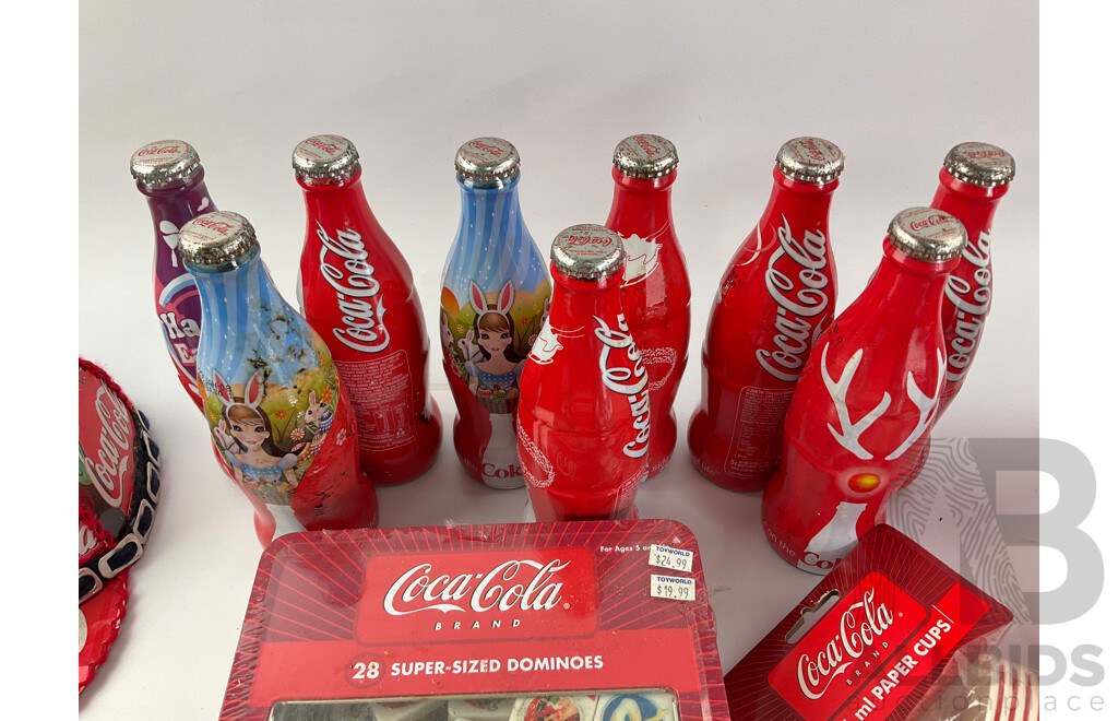 Collection of Coca Cola Items Including Up-cycled Can Hats and Bag, Commemorative Bottles, Drinking Glasses, Beach Bag and Dominoes