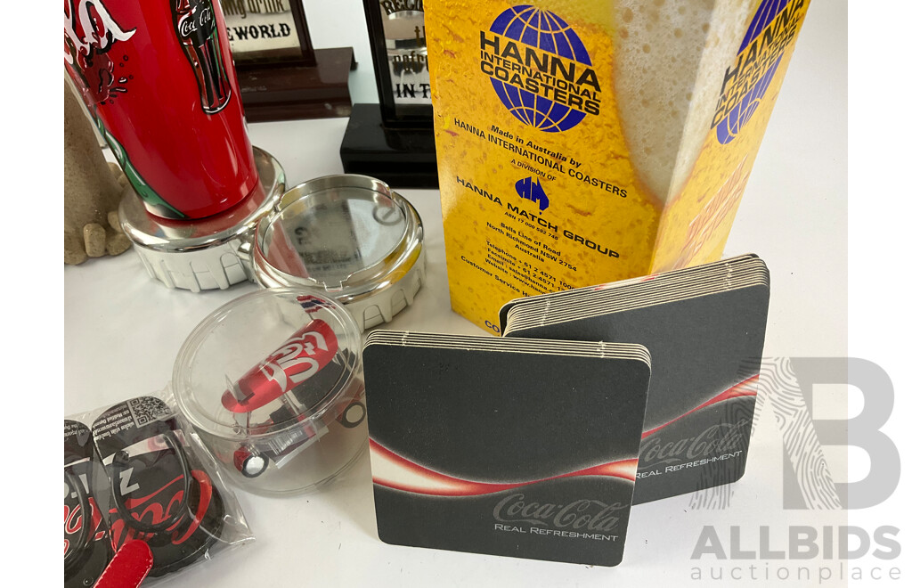 Selection of Coca Cola Memrobilia Including Franklin Collector Plates, Antique Style Key Hangers, Sand Sculpture, Box of Coasters, Battery Powered Mini Bear Party....