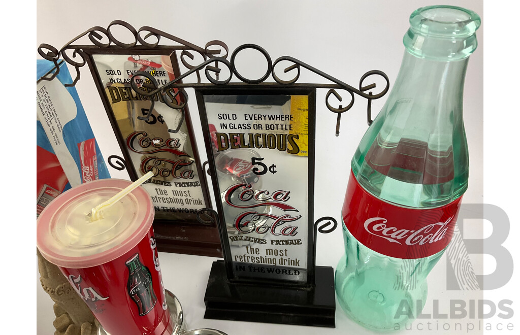 Selection of Coca Cola Memrobilia Including Franklin Collector Plates, Antique Style Key Hangers, Sand Sculpture, Box of Coasters, Battery Powered Mini Bear Party....