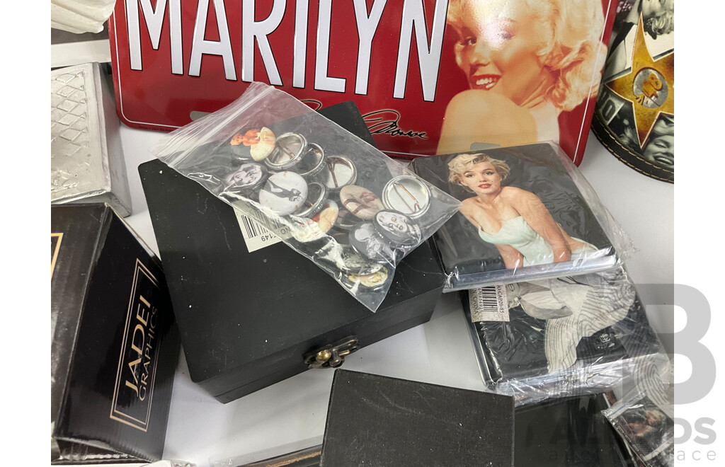 Collection of Marilyn Monroe Memorabilia Including Clock, Statue, Rotating Cylinder, Money Boxes, Cup, Coasters, Tin Plate Hangers, Picture, Calendar