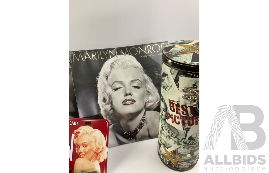 Collection of Marilyn Monroe Memorabilia Including Clock, Statue, Rotating Cylinder, Money Boxes, Cup, Coasters, Tin Plate Hangers, Picture, Calendar