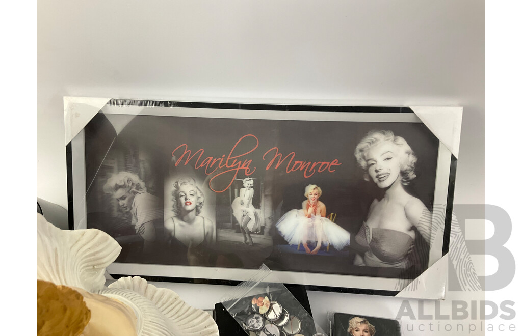 Collection of Marilyn Monroe Memorabilia Including Clock, Statue, Rotating Cylinder, Money Boxes, Cup, Coasters, Tin Plate Hangers, Picture, Calendar