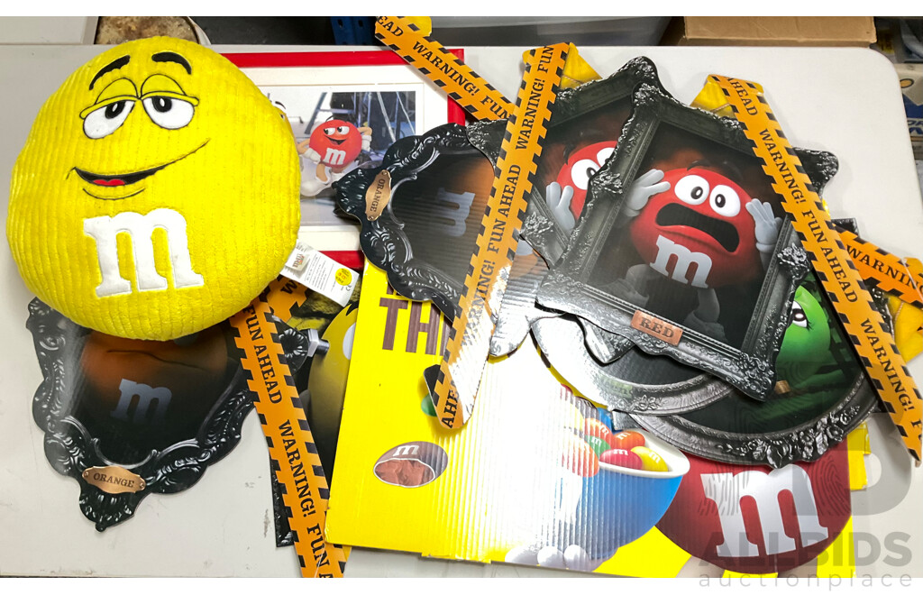 Collection of M&Ms Merchandise Including Cushion, Framed Picture, Retail Signs