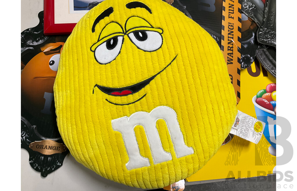 Collection of M&Ms Merchandise Including Cushion, Framed Picture, Retail Signs