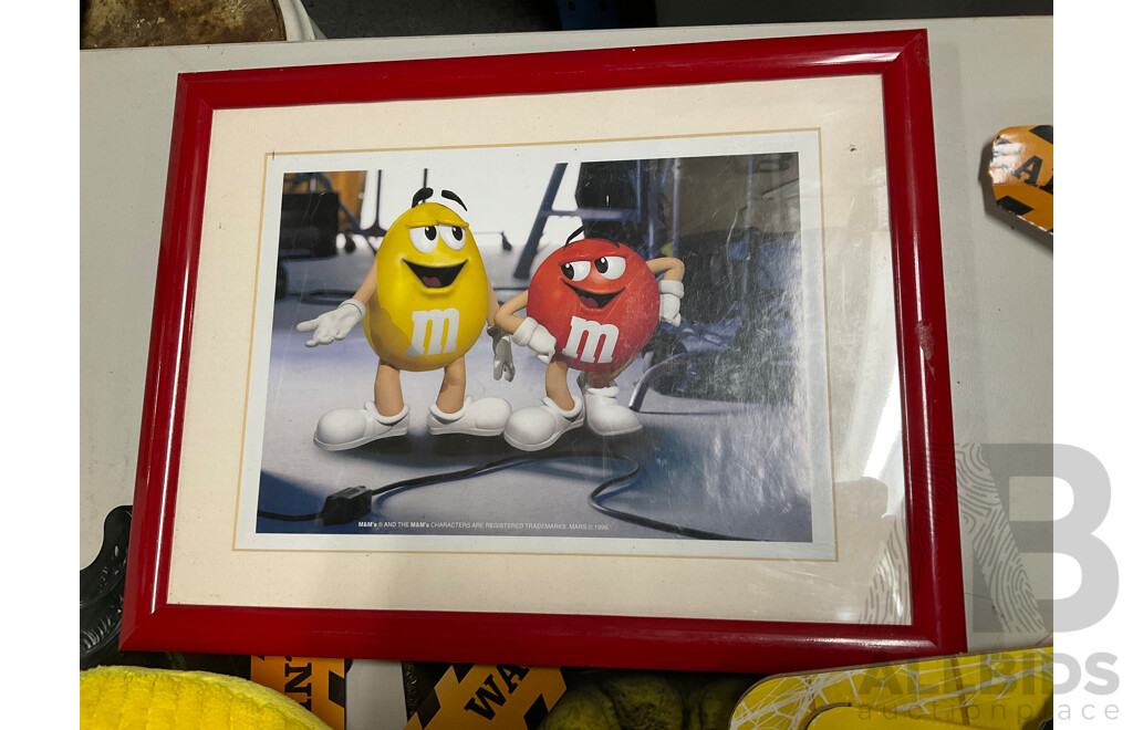 Collection of M&Ms Merchandise Including Cushion, Framed Picture, Retail Signs