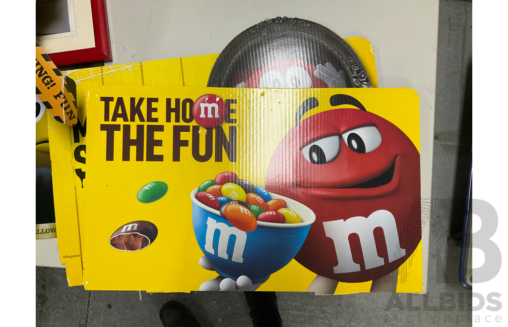 Collection of M&Ms Merchandise Including Cushion, Framed Picture, Retail Signs