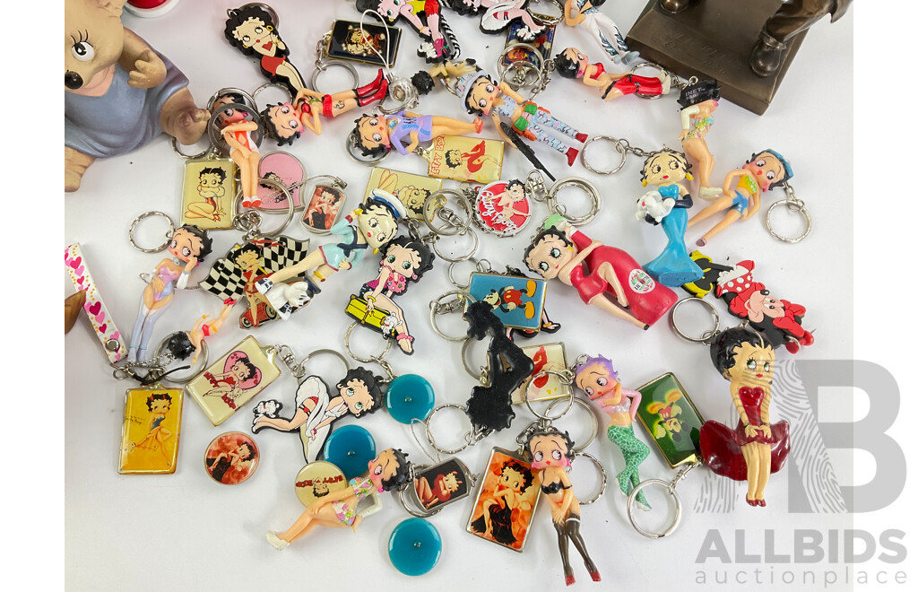 Collection of Betty Boop Key Rings, Blinky Bill Rubber Toy Characters, Kinder Surprise Container, Rastafarian and Ned Kelly Statues