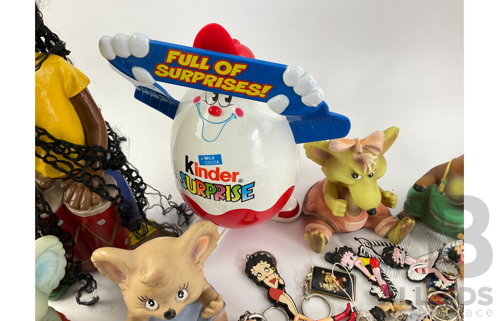 Collection of Betty Boop Key Rings, Blinky Bill Rubber Toy Characters, Kinder Surprise Container, Rastafarian and Ned Kelly Statues