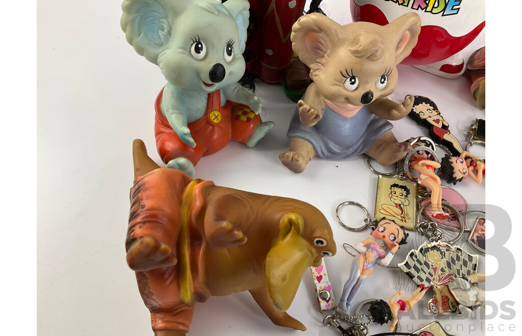 Collection of Betty Boop Key Rings, Blinky Bill Rubber Toy Characters, Kinder Surprise Container, Rastafarian and Ned Kelly Statues