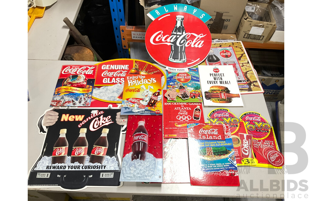 Collection of 1990's Coca Cola Retail/Promotion Signs Including Always Coca Cola, Vanilla Coke, Atlanta Olympics and More