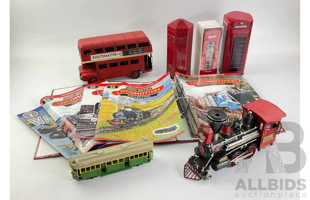 Collection of Great British Locomotives Magazines, Tin Phone Boxes, Steel Double Decker Bus and Steam Locomotive, Timber Melbourne Tram