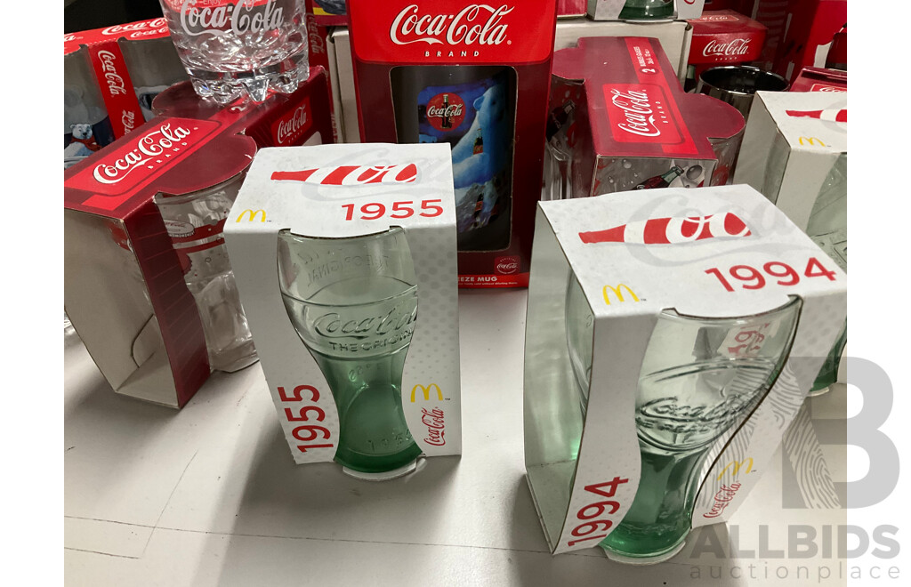 Collection of Mostly Boxed Coca Cola Cups and Glasses Including Frosted and Vintage Style