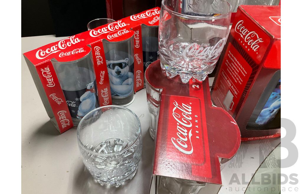 Collection of Mostly Boxed Coca Cola Cups and Glasses Including Frosted and Vintage Style