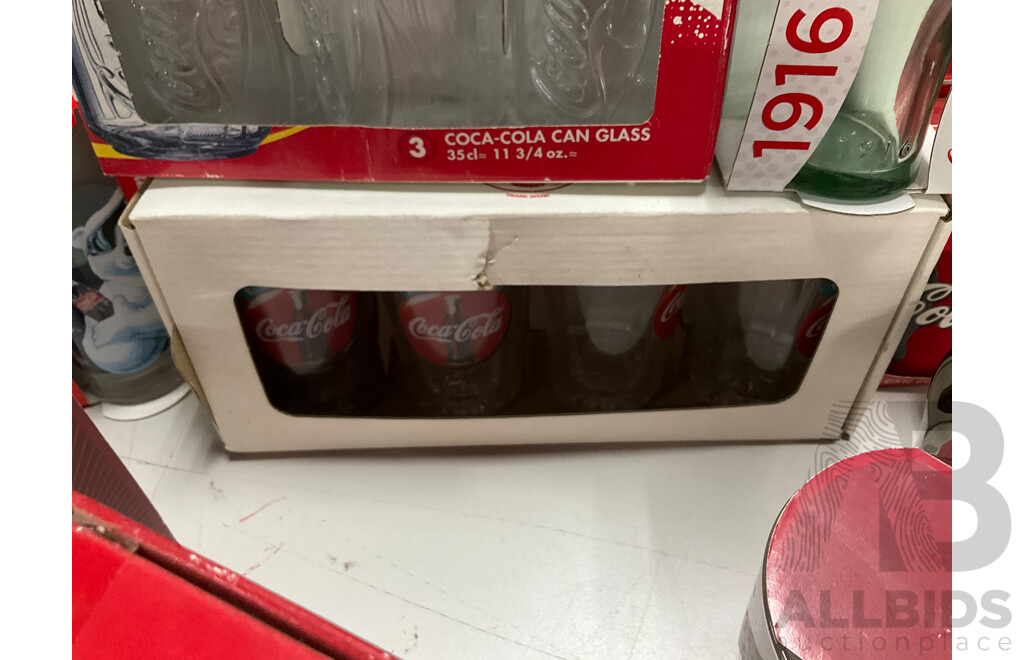 Collection of Mostly Boxed Coca Cola Cups and Glasses Including Frosted and Vintage Style