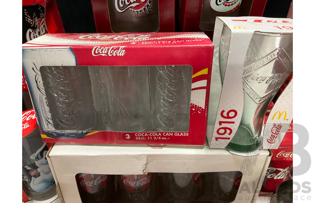 Collection of Mostly Boxed Coca Cola Cups and Glasses Including Frosted and Vintage Style