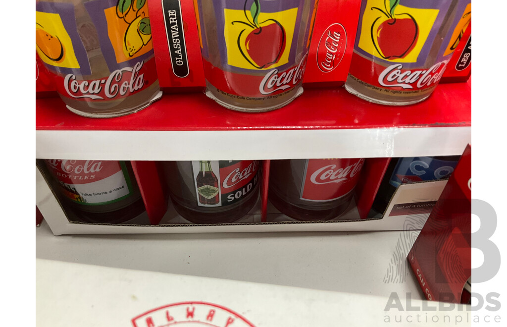 Collection of Mostly Boxed Coca Cola Cups and Glasses Including Frosted and Vintage Style