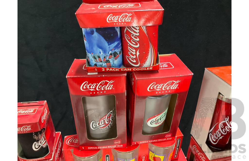 Collection of Mostly Boxed Coca Cola Cups and Glasses Including Frosted and Vintage Style