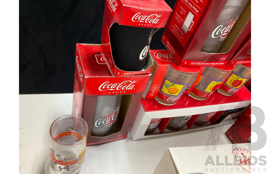 Collection of Mostly Boxed Coca Cola Cups and Glasses Including Frosted and Vintage Style