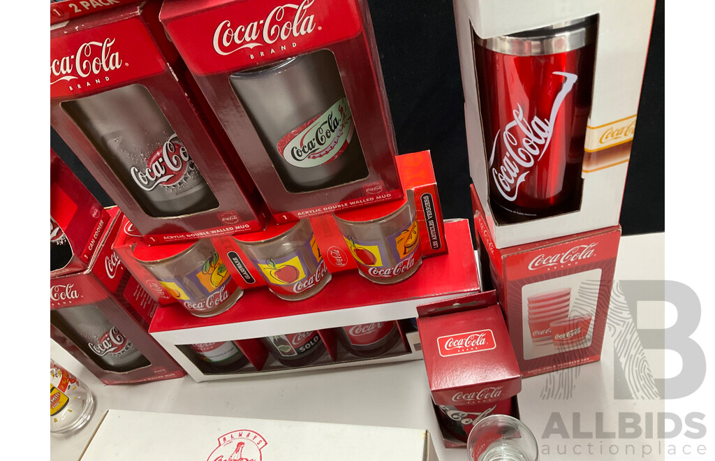 Collection of Mostly Boxed Coca Cola Cups and Glasses Including Frosted and Vintage Style