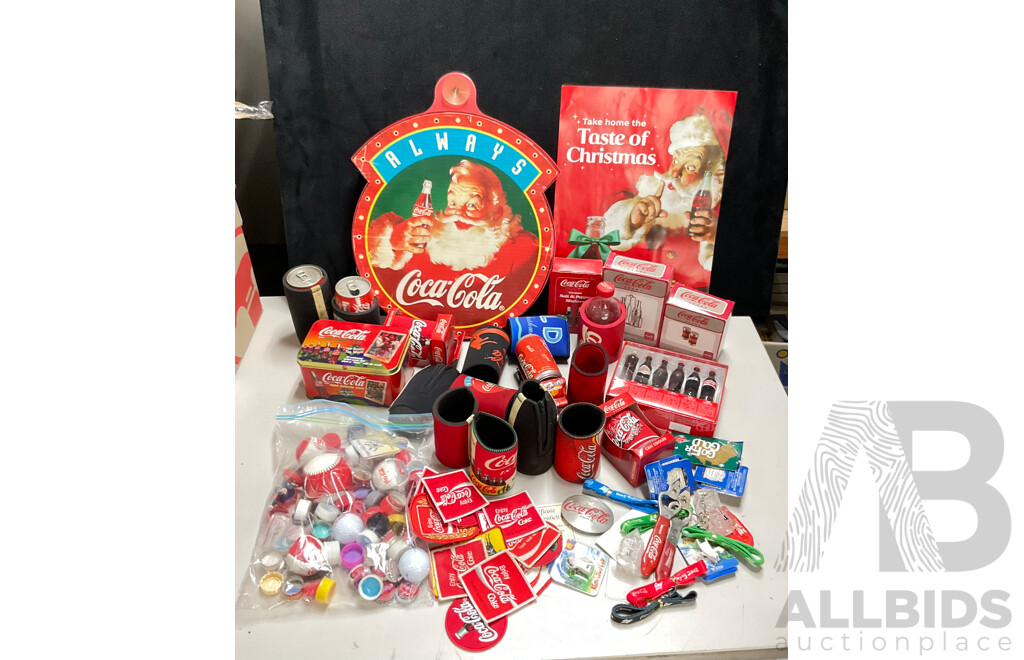 Selection of Coca Cola Merchandise Including Three Boxed Salt and Pepper Shakers, Vintage Sew on Patches and Bottle Openers, Stubbie Coolers, Mini Collector Bottles and More