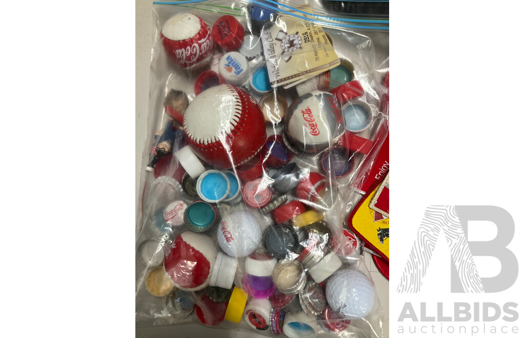 Selection of Coca Cola Merchandise Including Three Boxed Salt and Pepper Shakers, Vintage Sew on Patches and Bottle Openers, Stubbie Coolers, Mini Collector Bottles and More