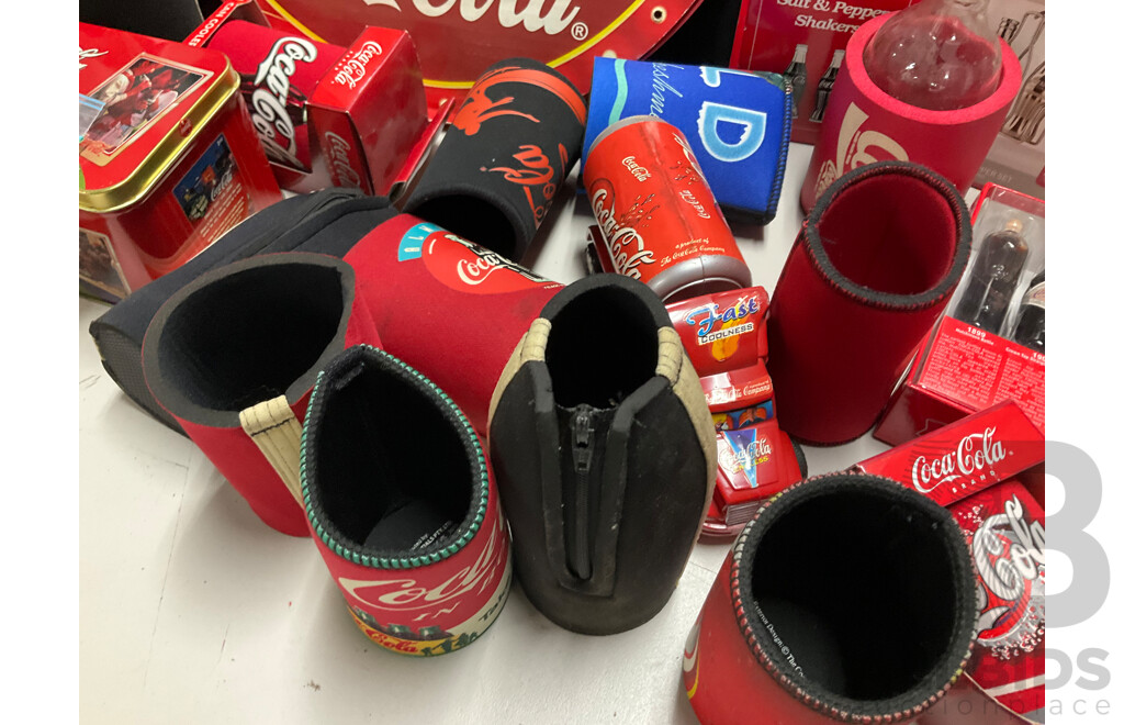 Selection of Coca Cola Merchandise Including Three Boxed Salt and Pepper Shakers, Vintage Sew on Patches and Bottle Openers, Stubbie Coolers, Mini Collector Bottles and More