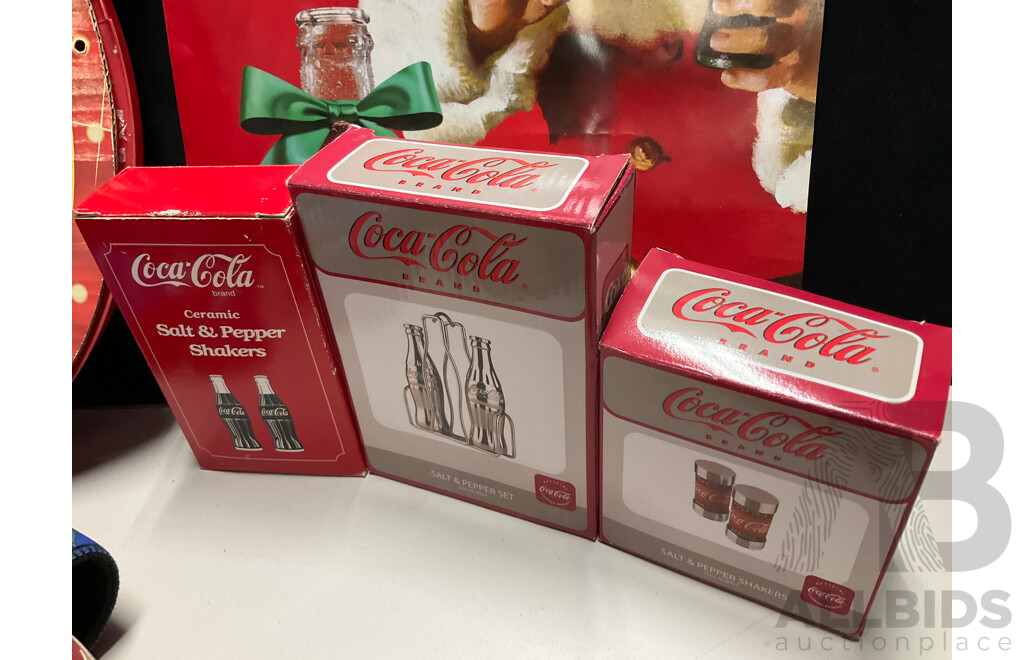 Selection of Coca Cola Merchandise Including Three Boxed Salt and Pepper Shakers, Vintage Sew on Patches and Bottle Openers, Stubbie Coolers, Mini Collector Bottles and More