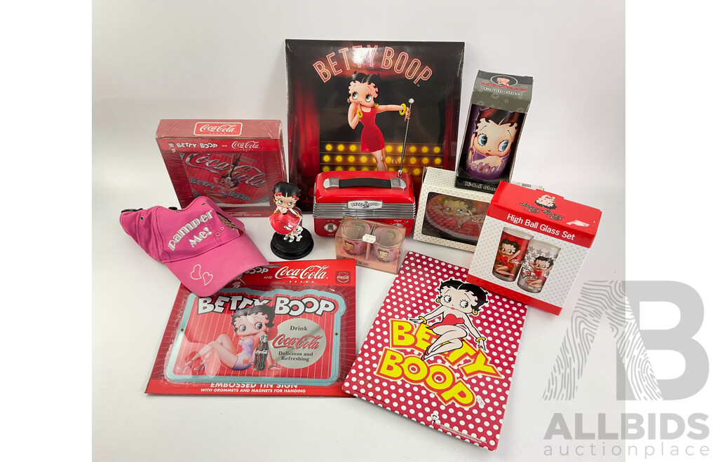 Betty Boop Merchandise Including AM/FM Radio, Wall and Table Clocks, Highball and Shot Glasses, Calendar, Tin Signs