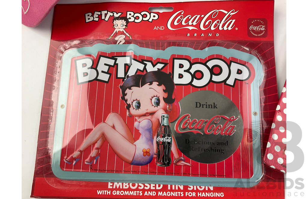 Betty Boop Merchandise Including AM/FM Radio, Wall and Table Clocks, Highball and Shot Glasses, Calendar, Tin Signs