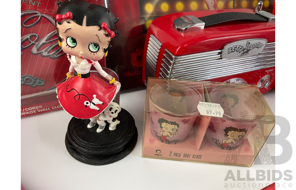 Betty Boop Merchandise Including AM/FM Radio, Wall and Table Clocks, Highball and Shot Glasses, Calendar, Tin Signs