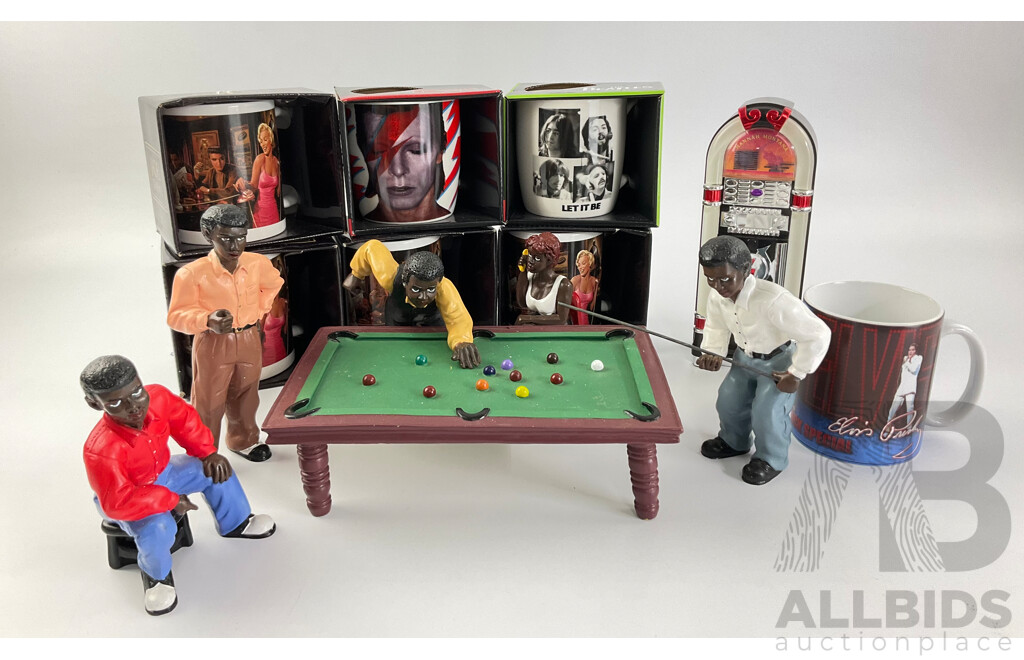 Collection of Jadei Mugs Including the Beatles, Elvis Priestley, Marilyn Monroe, David Bowie with Resin Pool Table Scene and Hannah Montena Juke Box