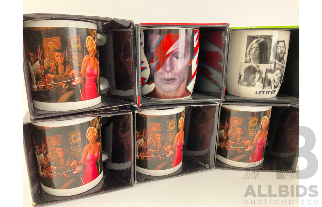 Collection of Jadei Mugs Including the Beatles, Elvis Priestley, Marilyn Monroe, David Bowie with Resin Pool Table Scene and Hannah Montena Juke Box