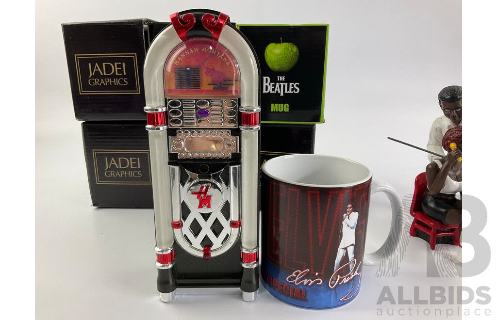 Collection of Jadei Mugs Including the Beatles, Elvis Priestley, Marilyn Monroe, David Bowie with Resin Pool Table Scene and Hannah Montena Juke Box