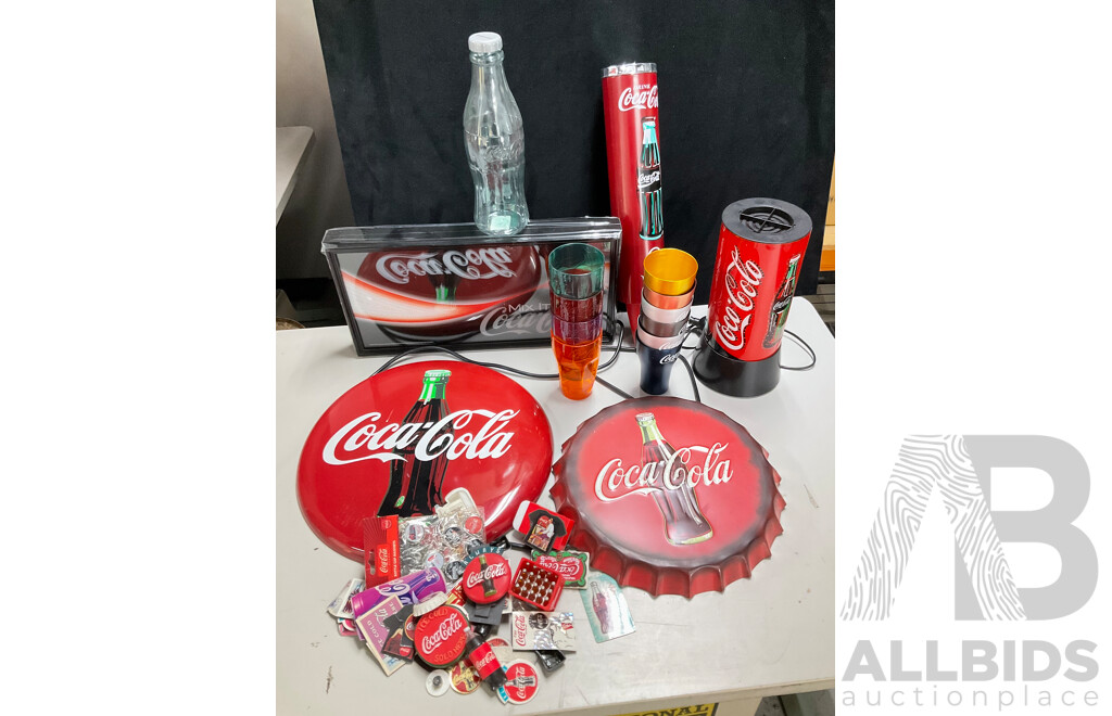 Coca Cola Illuminated Sign and Rotating Cup with Anodized and Plastic Cups, Hanging Signs, Cup Dispenser, Assorted Magnets