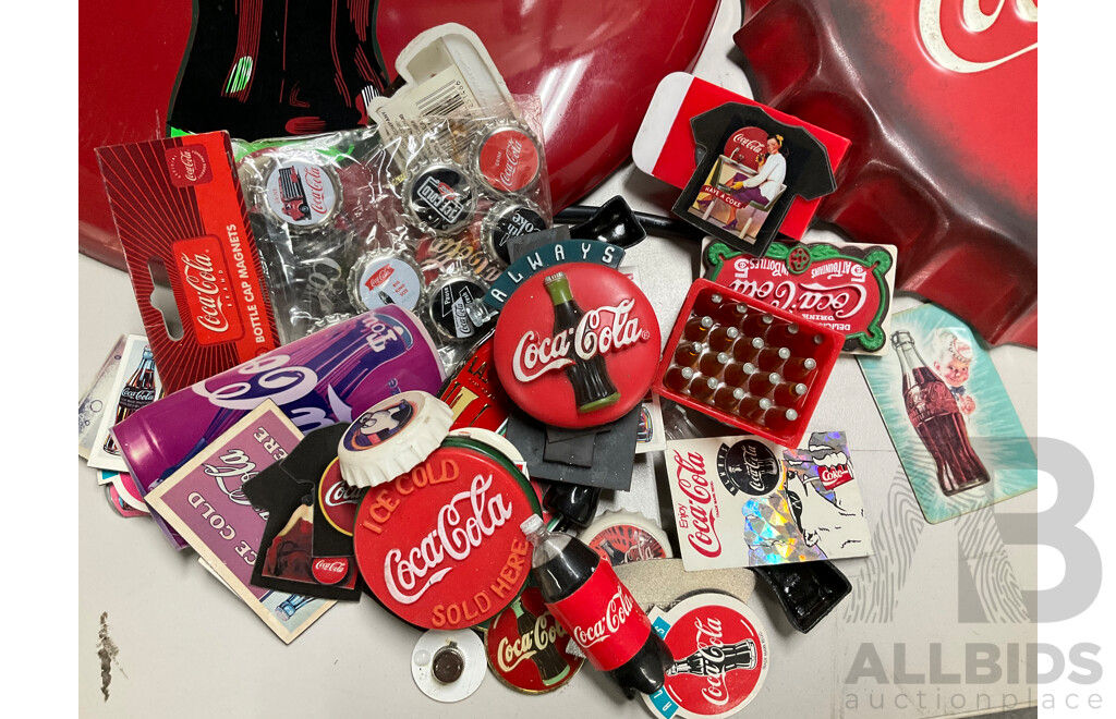 Coca Cola Illuminated Sign and Rotating Cup with Anodized and Plastic Cups, Hanging Signs, Cup Dispenser, Assorted Magnets