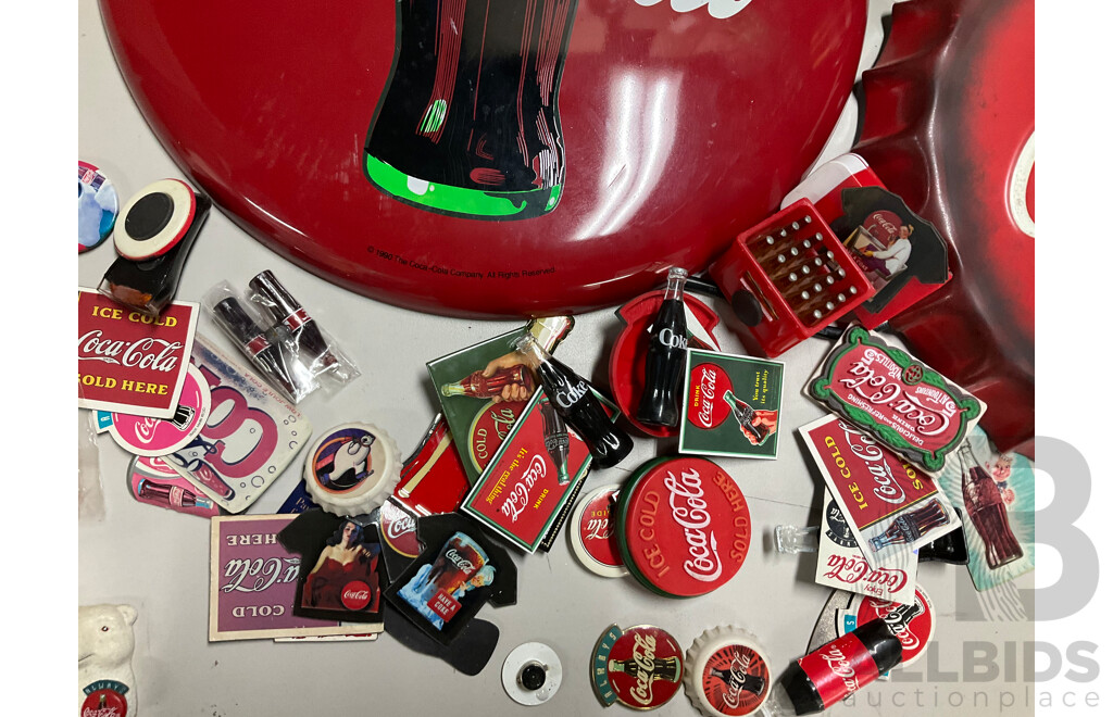 Coca Cola Illuminated Sign and Rotating Cup with Anodized and Plastic Cups, Hanging Signs, Cup Dispenser, Assorted Magnets