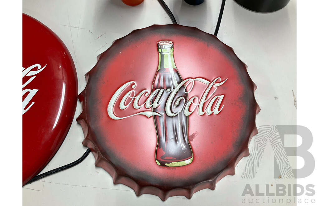 Coca Cola Illuminated Sign and Rotating Cup with Anodized and Plastic Cups, Hanging Signs, Cup Dispenser, Assorted Magnets