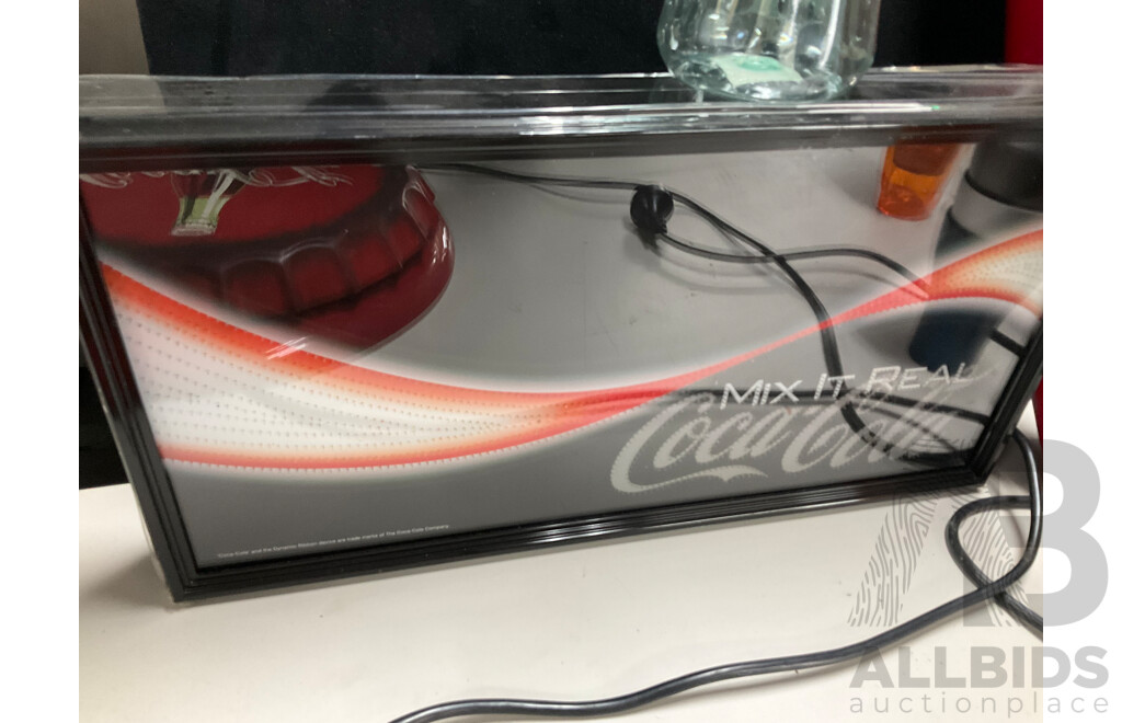 Coca Cola Illuminated Sign and Rotating Cup with Anodized and Plastic Cups, Hanging Signs, Cup Dispenser, Assorted Magnets