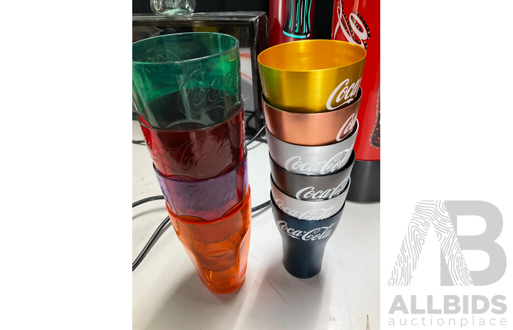 Coca Cola Illuminated Sign and Rotating Cup with Anodized and Plastic Cups, Hanging Signs, Cup Dispenser, Assorted Magnets