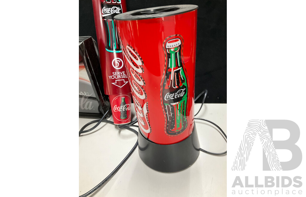 Coca Cola Illuminated Sign and Rotating Cup with Anodized and Plastic Cups, Hanging Signs, Cup Dispenser, Assorted Magnets