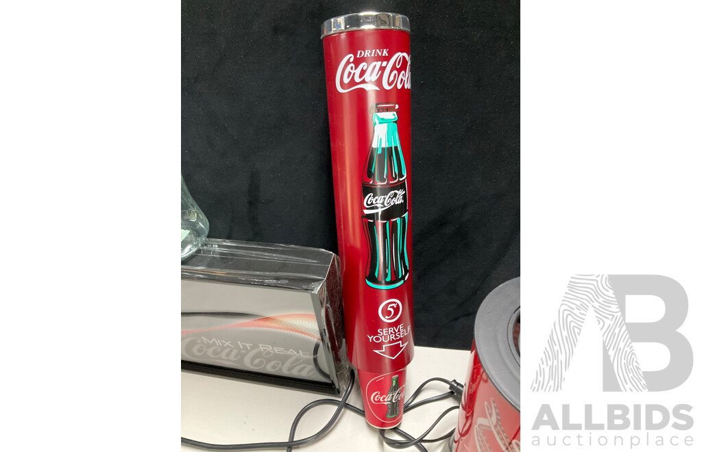 Coca Cola Illuminated Sign and Rotating Cup with Anodized and Plastic Cups, Hanging Signs, Cup Dispenser, Assorted Magnets