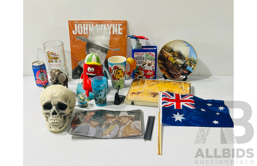 Collection of Memorabilia and Homeware Including John Wayne Calendar, Ettamogah Pub Beer Glass and Pub Brew and More