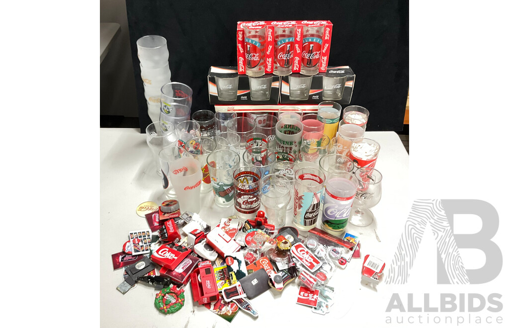 Collection of Coca Cola Cups, Glasses and Tumblers Including Canberra Raiders, Baseball with Assortment of Coca Cola Magnets