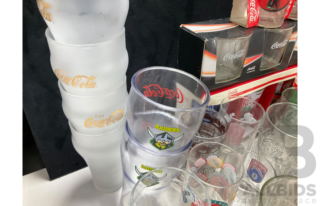 Collection of Coca Cola Cups, Glasses and Tumblers Including Canberra Raiders, Baseball with Assortment of Coca Cola Magnets