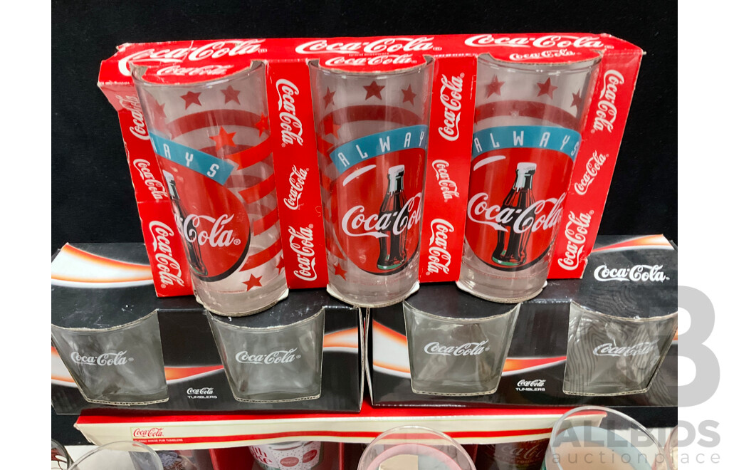 Collection of Coca Cola Cups, Glasses and Tumblers Including Canberra Raiders, Baseball with Assortment of Coca Cola Magnets