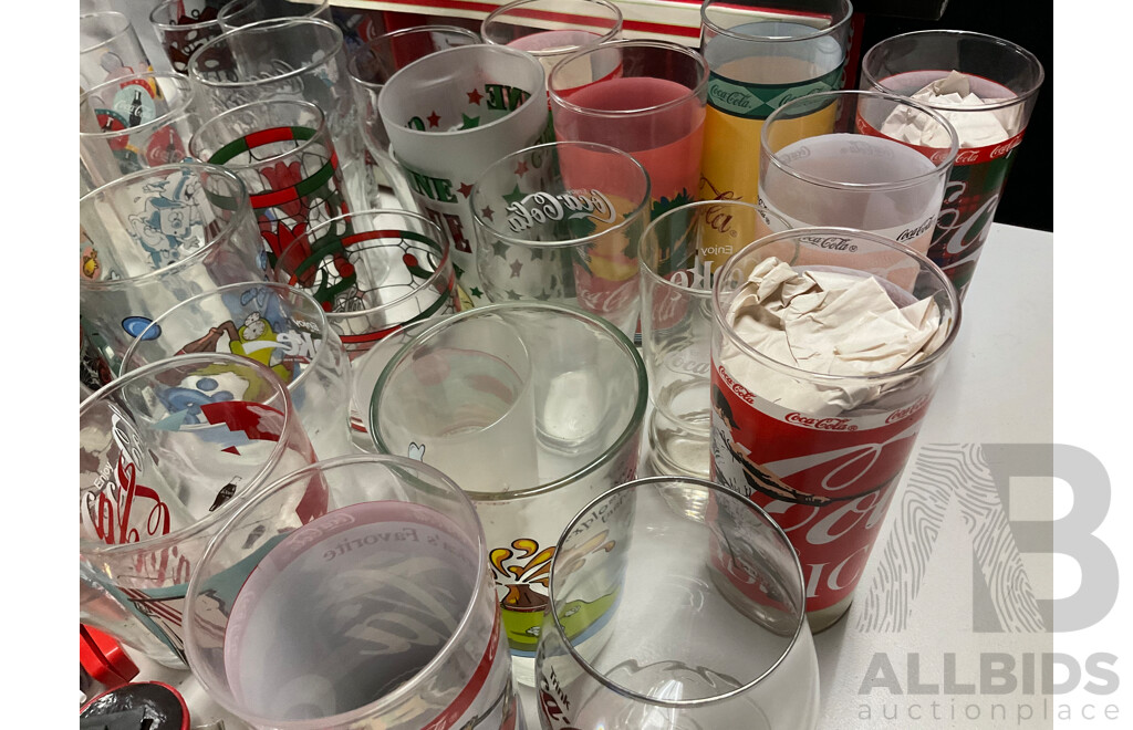 Collection of Coca Cola Cups, Glasses and Tumblers Including Canberra Raiders, Baseball with Assortment of Coca Cola Magnets