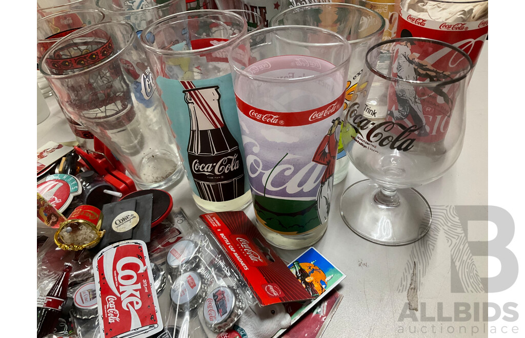 Collection of Coca Cola Cups, Glasses and Tumblers Including Canberra Raiders, Baseball with Assortment of Coca Cola Magnets