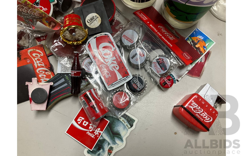 Collection of Coca Cola Cups, Glasses and Tumblers Including Canberra Raiders, Baseball with Assortment of Coca Cola Magnets