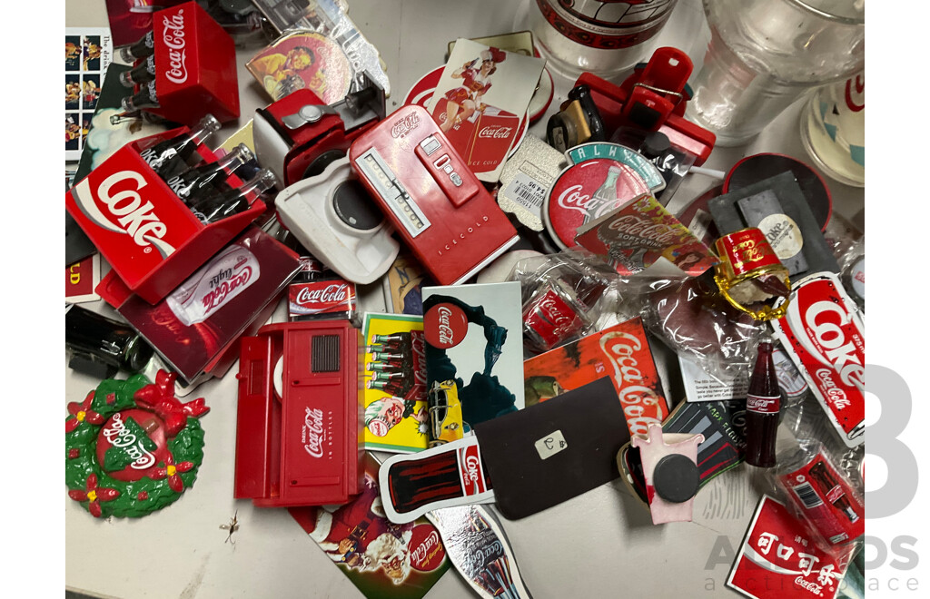 Collection of Coca Cola Cups, Glasses and Tumblers Including Canberra Raiders, Baseball with Assortment of Coca Cola Magnets