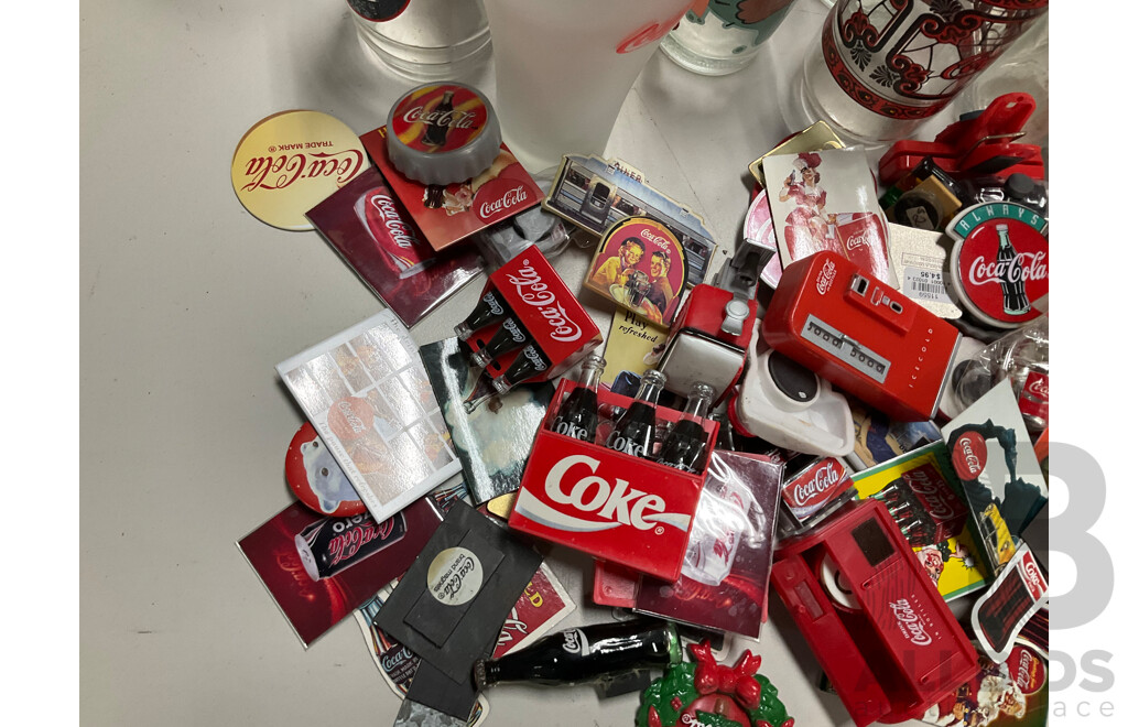 Collection of Coca Cola Cups, Glasses and Tumblers Including Canberra Raiders, Baseball with Assortment of Coca Cola Magnets